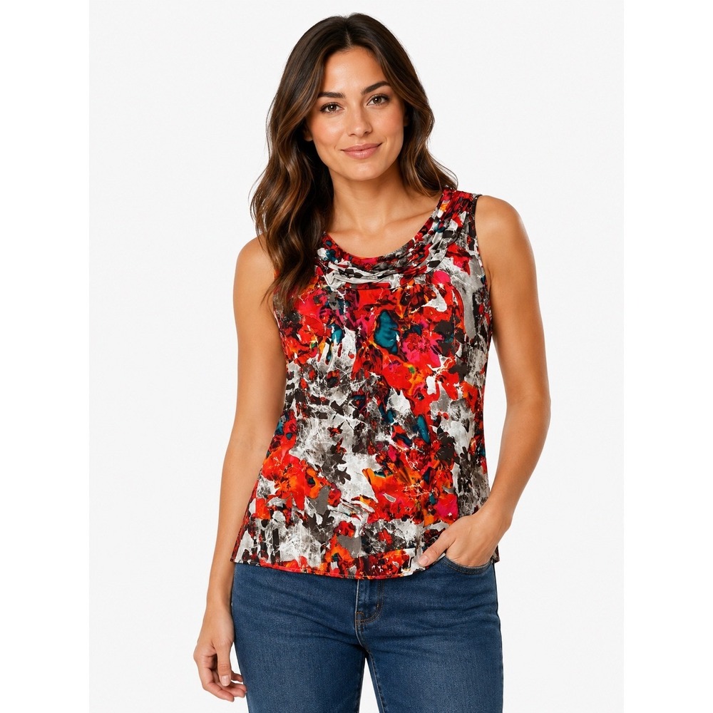 Kasper Separates Red Abstract Floral Cowl Neck Sleeveless Blouse Petite XL PXL